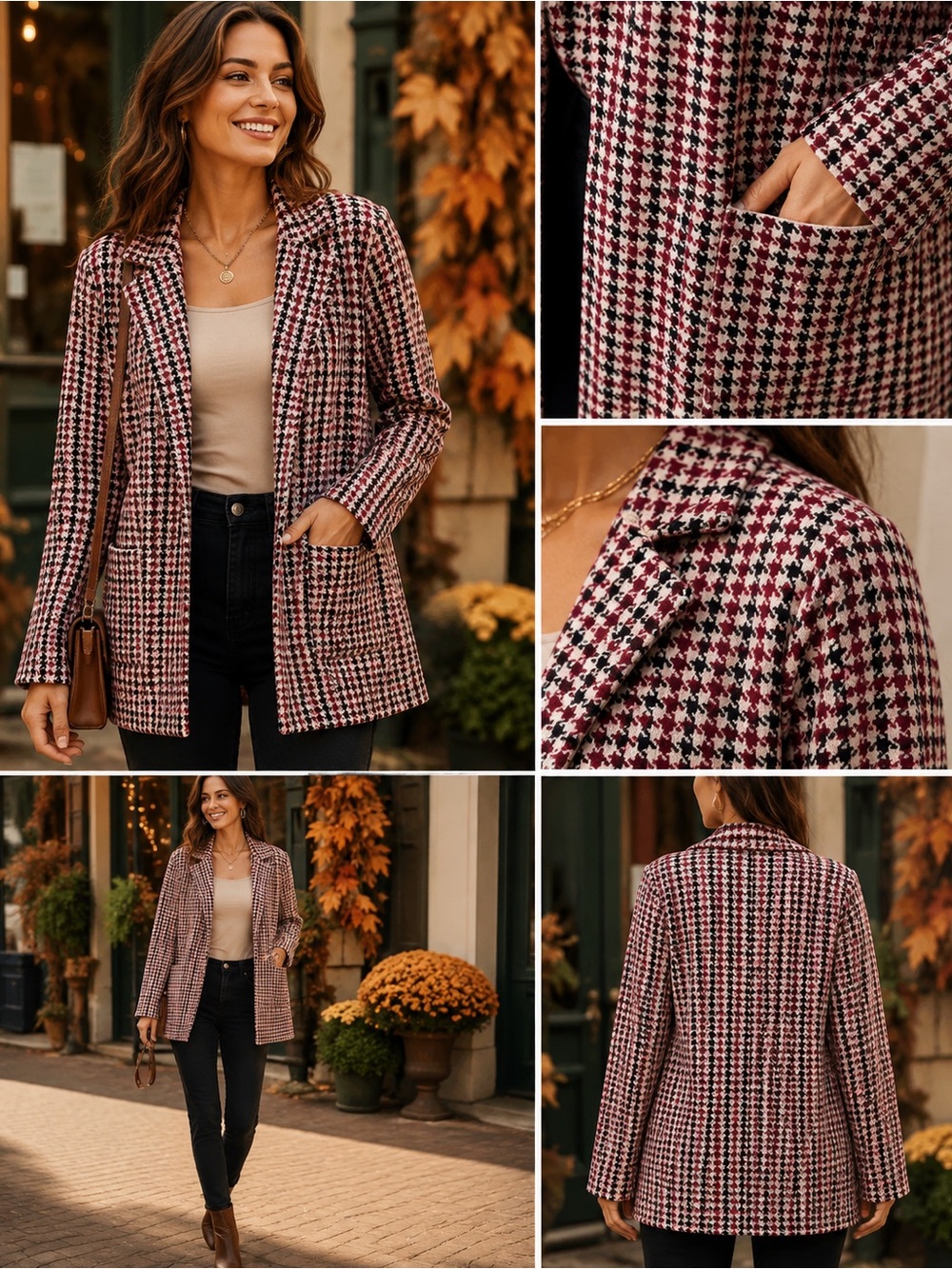 Sincerely Jules Women’s L Houndstooth Knit Blazer Burgundy Black Open Front - Picture 2 of 10